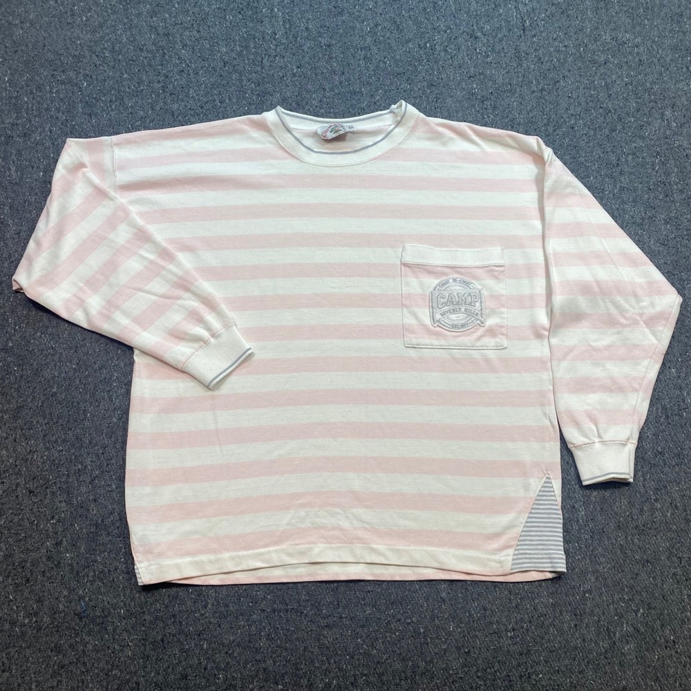 Camp Beverly Hills TShirt Sz L Womens Pink Stripe Vintage 80s Retro Skater PKT